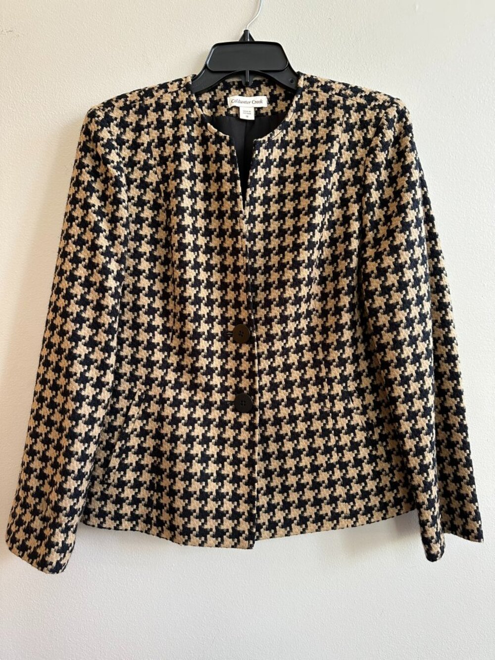 Coldwater Creek Houndstooth Blazer Jacket Size 10 Black Tan Wool Look Knit